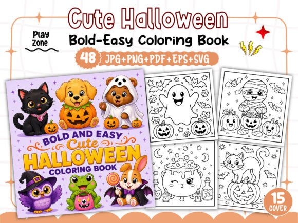 Bold & Easy Cute Halloween Coloring Book: 48 Simple Pages + 15 PNG Covers | KDP Ready