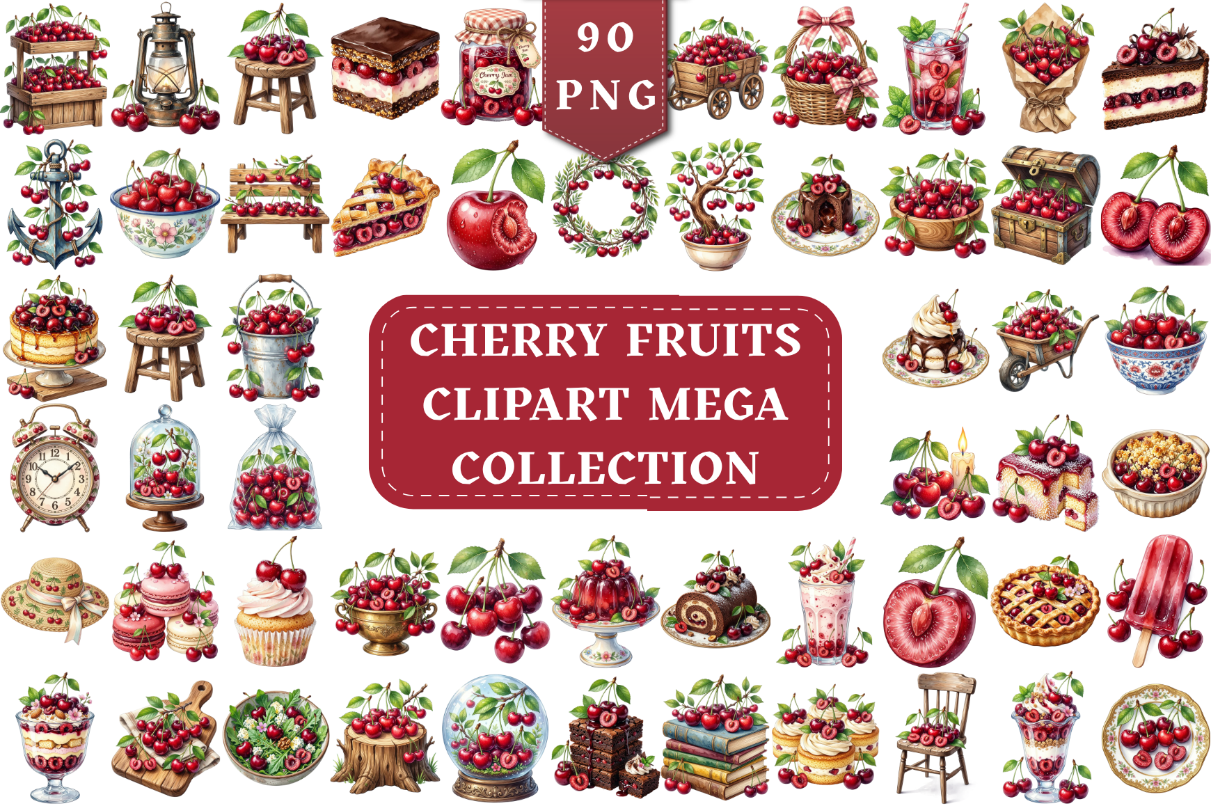 Cherry Fruit Watercolor Mega Clipart Set
