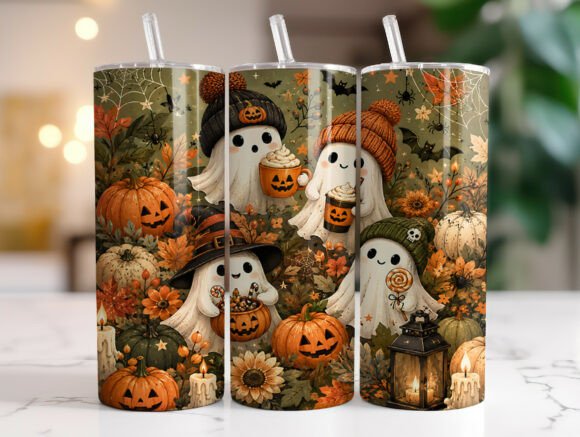 Cozy Ghost Pumpkin Autumn Tumbler Wrap