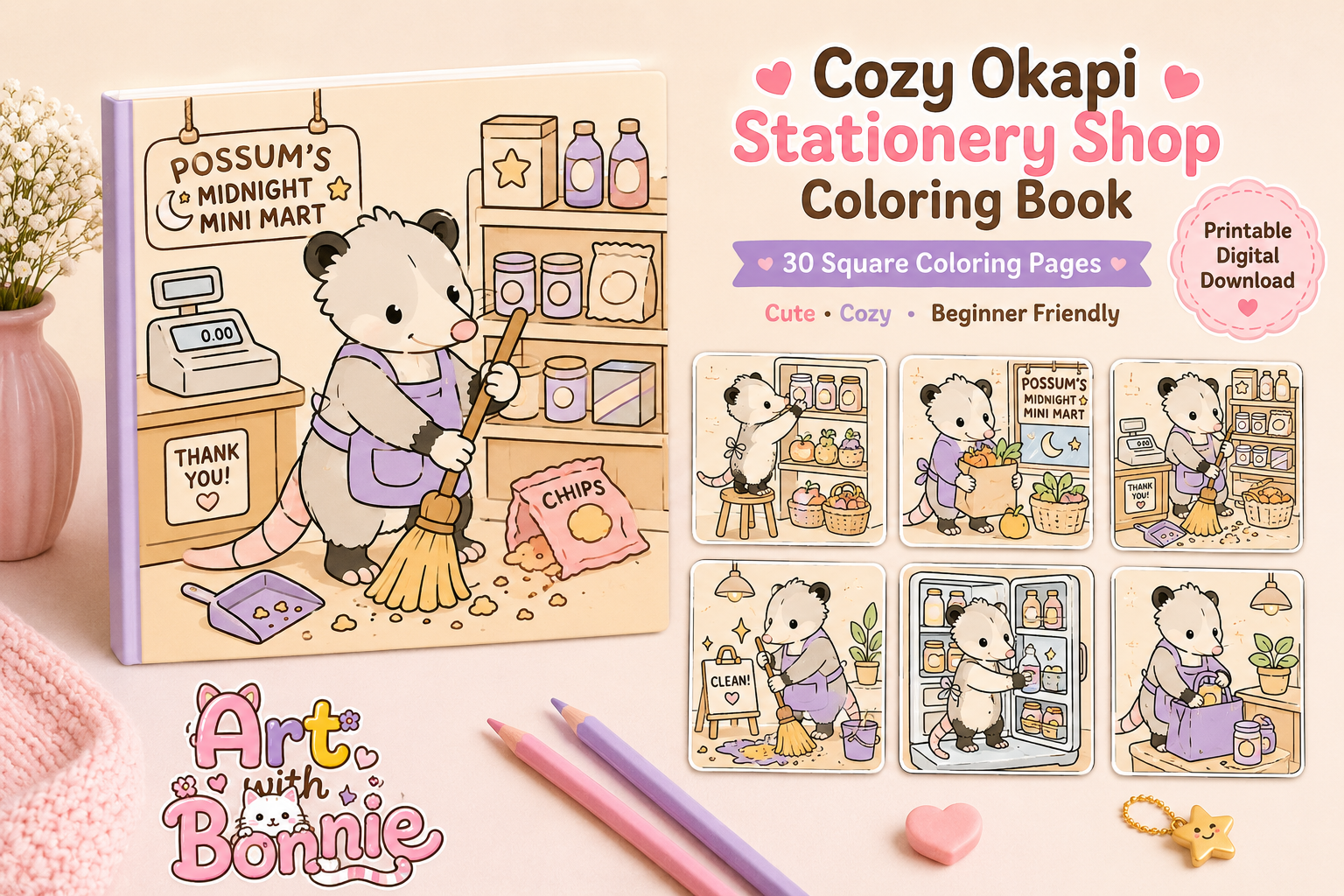 Cozy Opossum Mini Market Coloring Pages