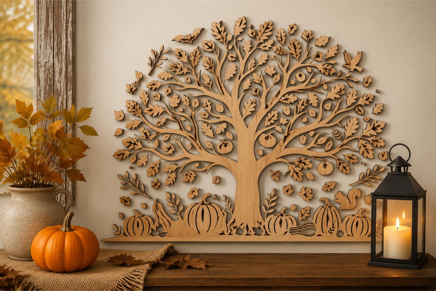 Elegant Wooden Tree of Life Pumpkin Wall