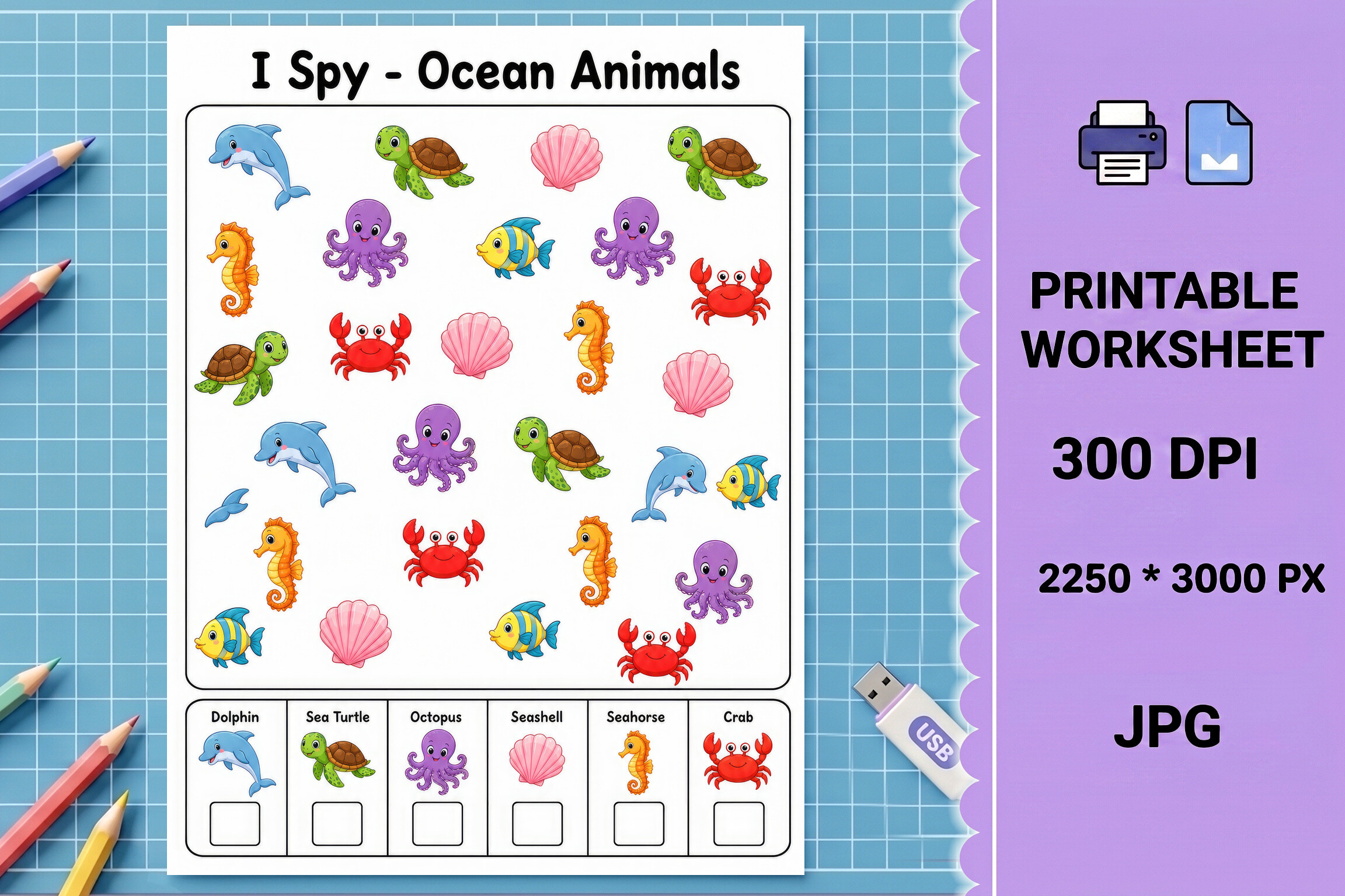 Ocean Animals I Spy Printable Worksheet