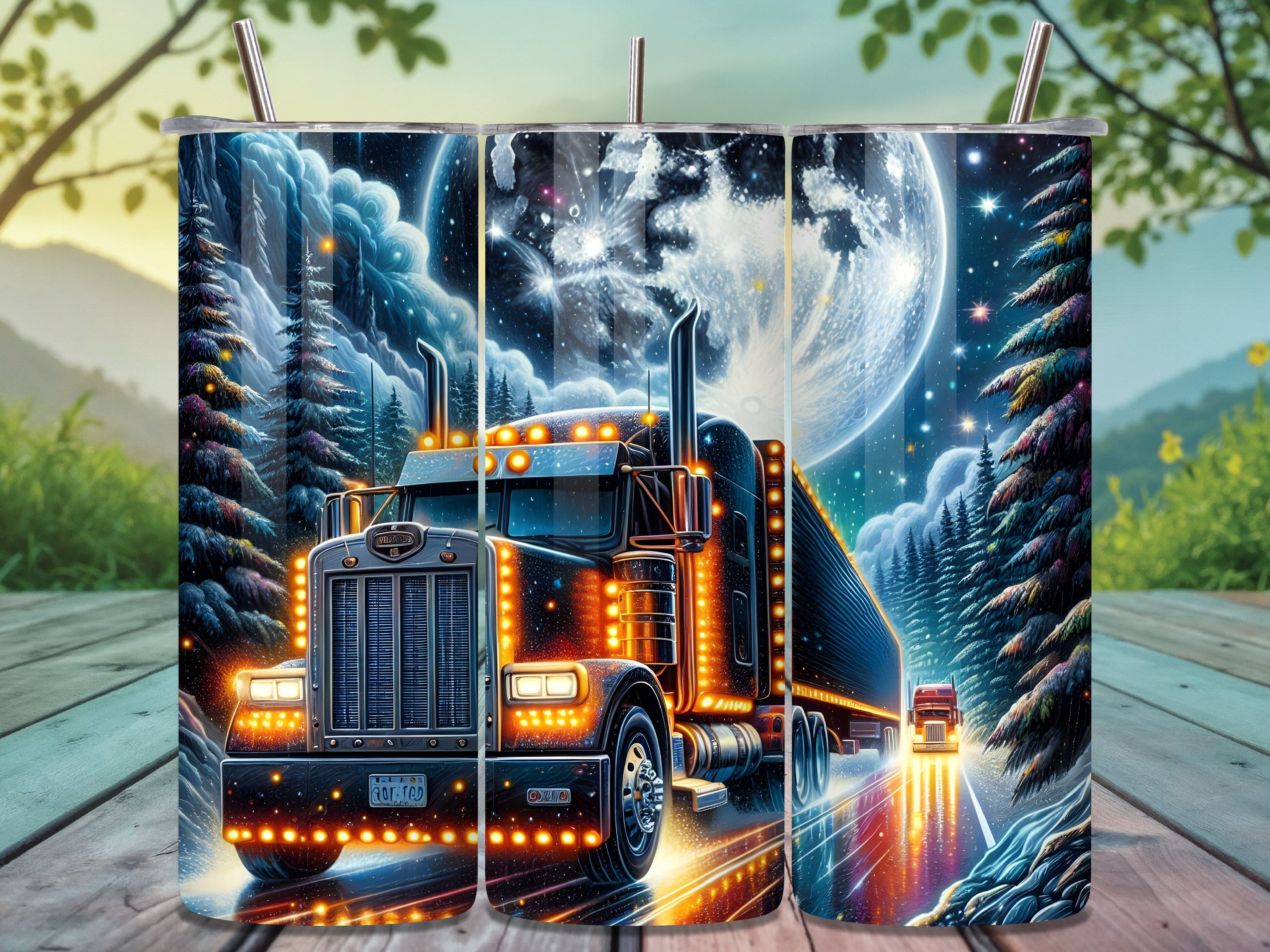 Snowy Night Moon Semi Truck Tumbler Wrap