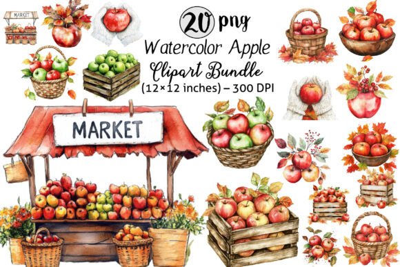 Watercolor Apple Clipart Bundle Png Graphics
