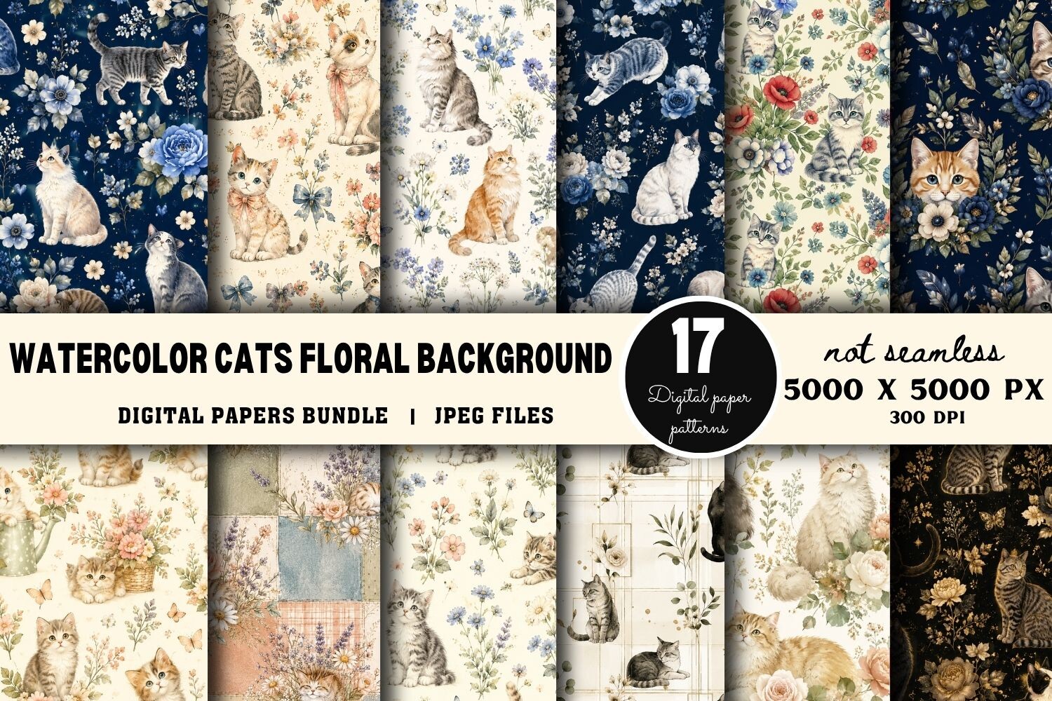 Watercolor Cats Floral Pattern, Pastel