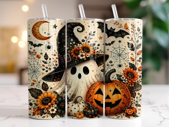 Witch Ghost Pumpkin Autumn Tumbler Wrap