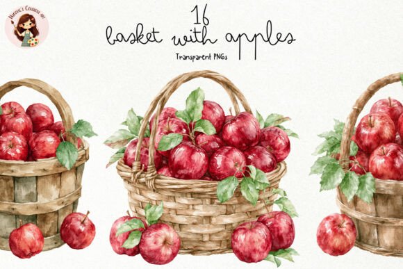 Apple Basket Watercolor Clipart PNG