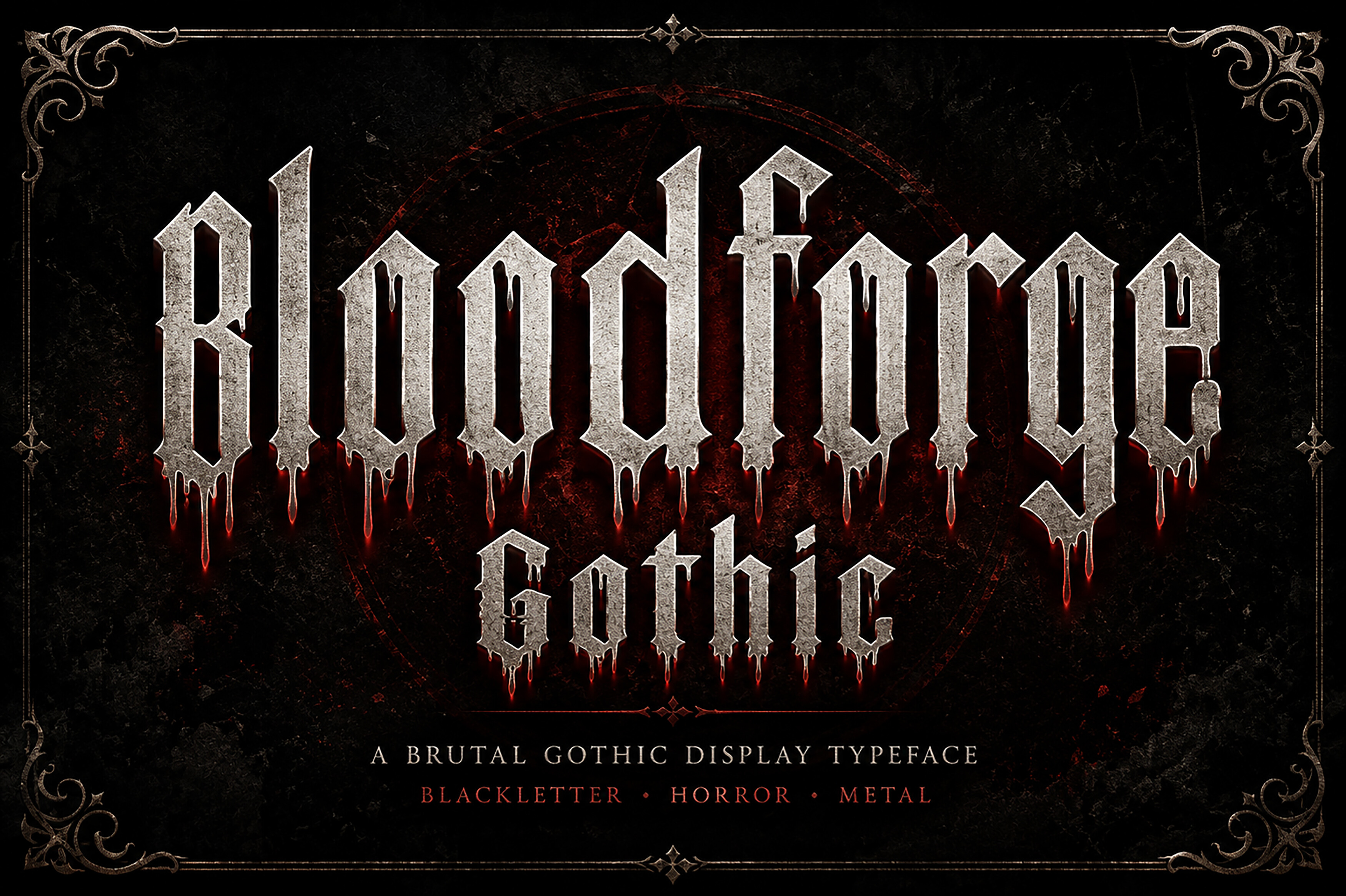 Bloodforge Gothic preview: brutal Gothic display with dripping blood and weathered stone texture