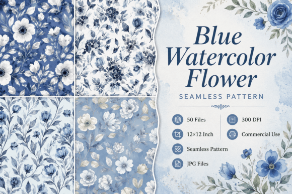 Blue Watercolor Flower Seamless Pattern