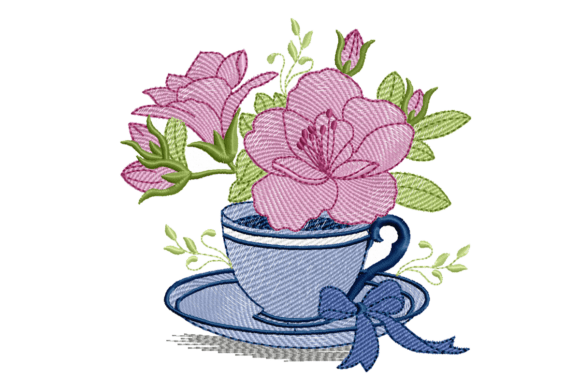 Coffee Cup with Pink Flowers Embroidery