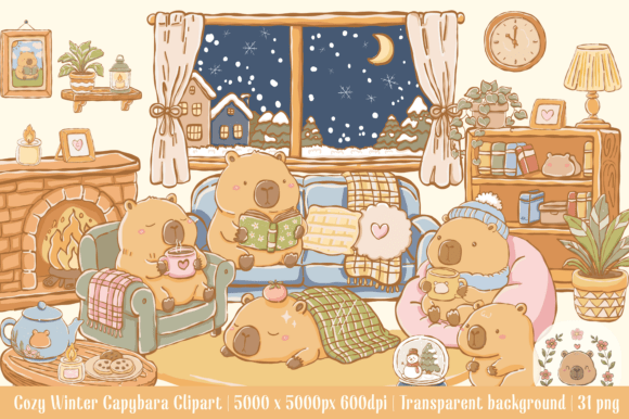 Cute Cozy Winter Capybara Clipart Graphics
