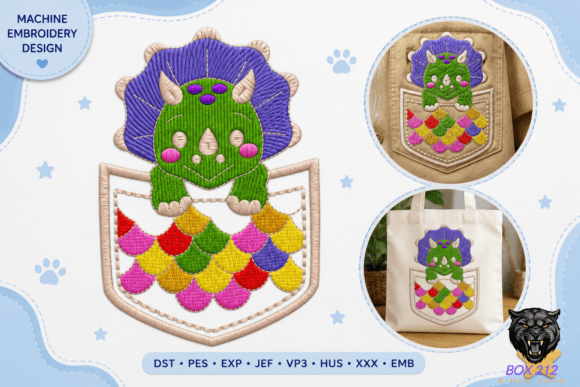 Cute Dinosaur Pocket Embroidery Design