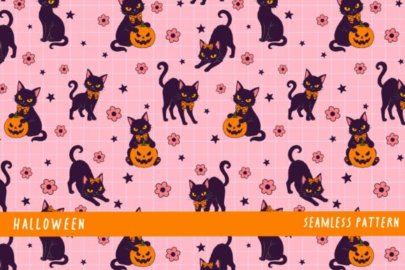 Cute Halloween Black Cat Pink Pattern