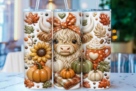 Inflated Highland Cow Autumn Tumbler PNG
