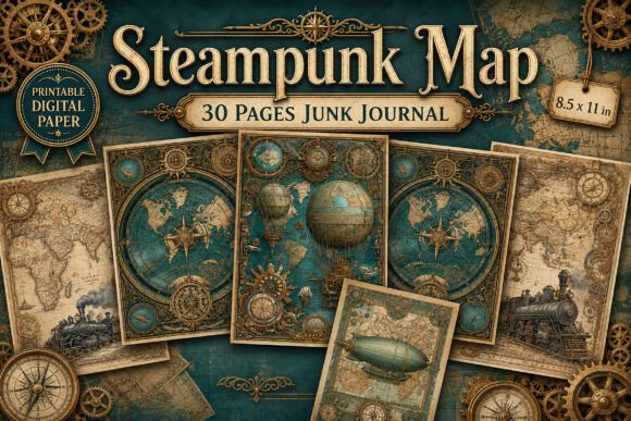 Steampunk Vintage Map Junk Journal Paper