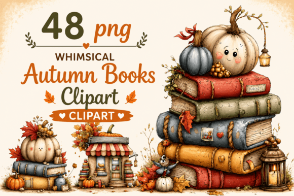 Whimsical Autumn Pumpkin Books Clipart