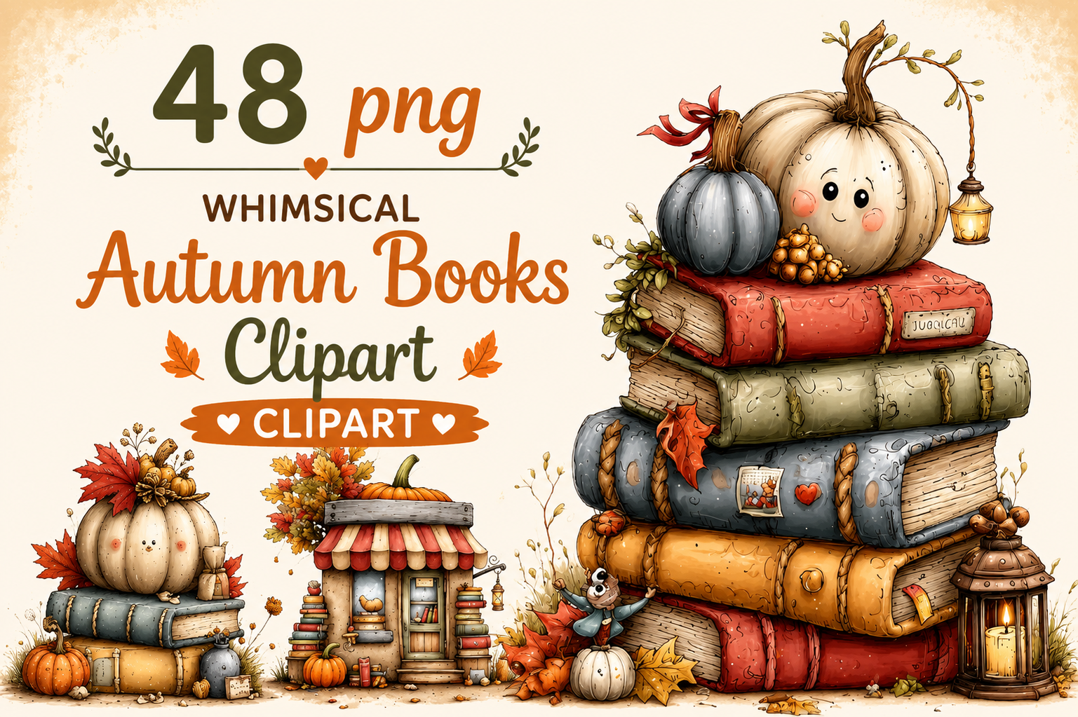 Whimsical Autumn Pumpkin Books Clipart