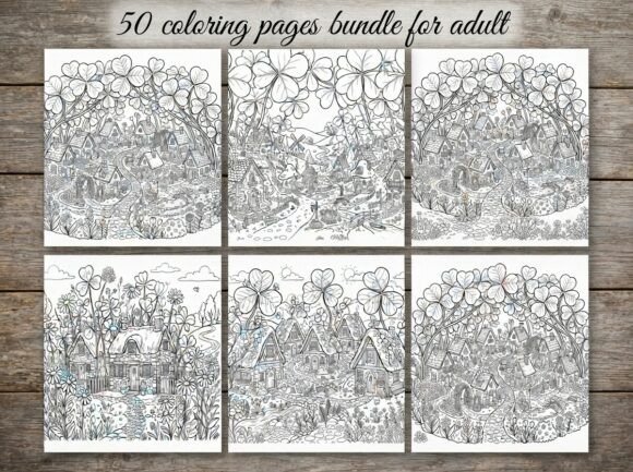 50 Fantasy Cottage Village Coloring Page