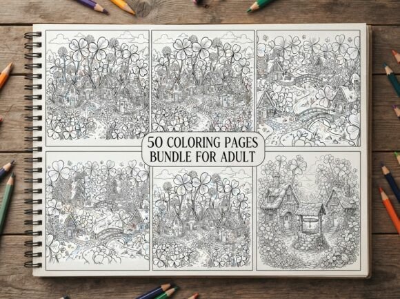 50 Fantasy Cottage Village Coloring Page