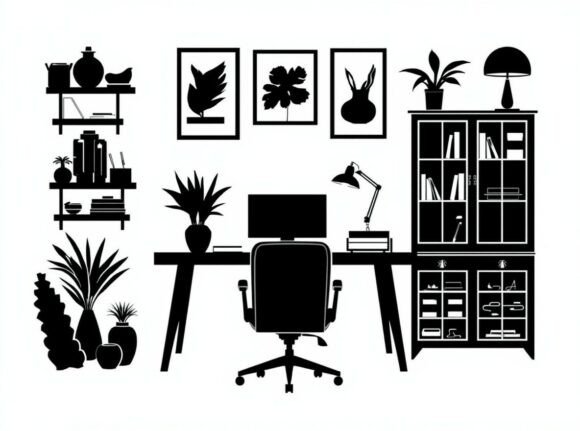 Black Silhouette of a Home Office Worksp
