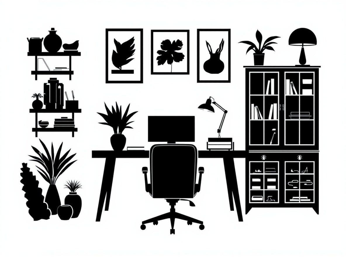 Black Silhouette of a Home Office Worksp