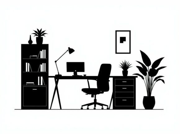 Black Silhouette of a Home Office Worksp