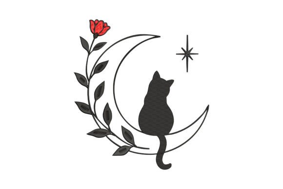 Cat on Crescent Moon with Red Rose
