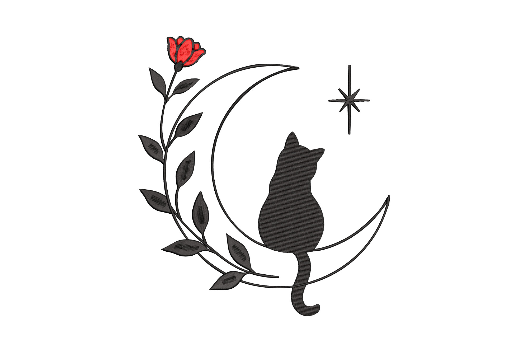 Cat on Crescent Moon with Red Rose