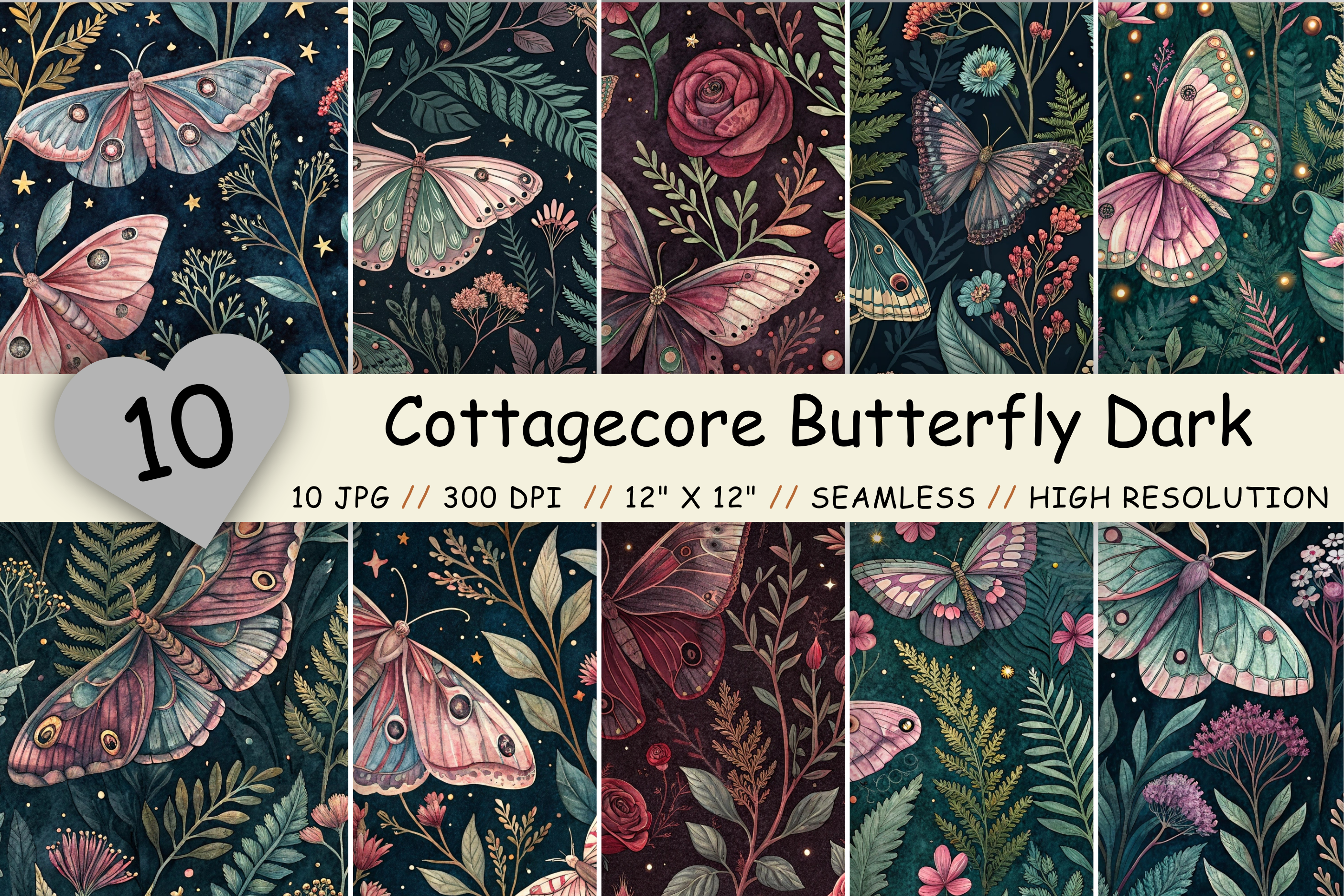 Cottagecore Butterfly Dark Digital Paper