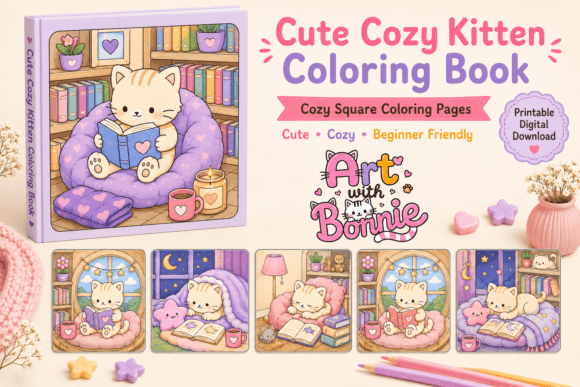 Cozy Kitten Reading Coloring Pages Pack