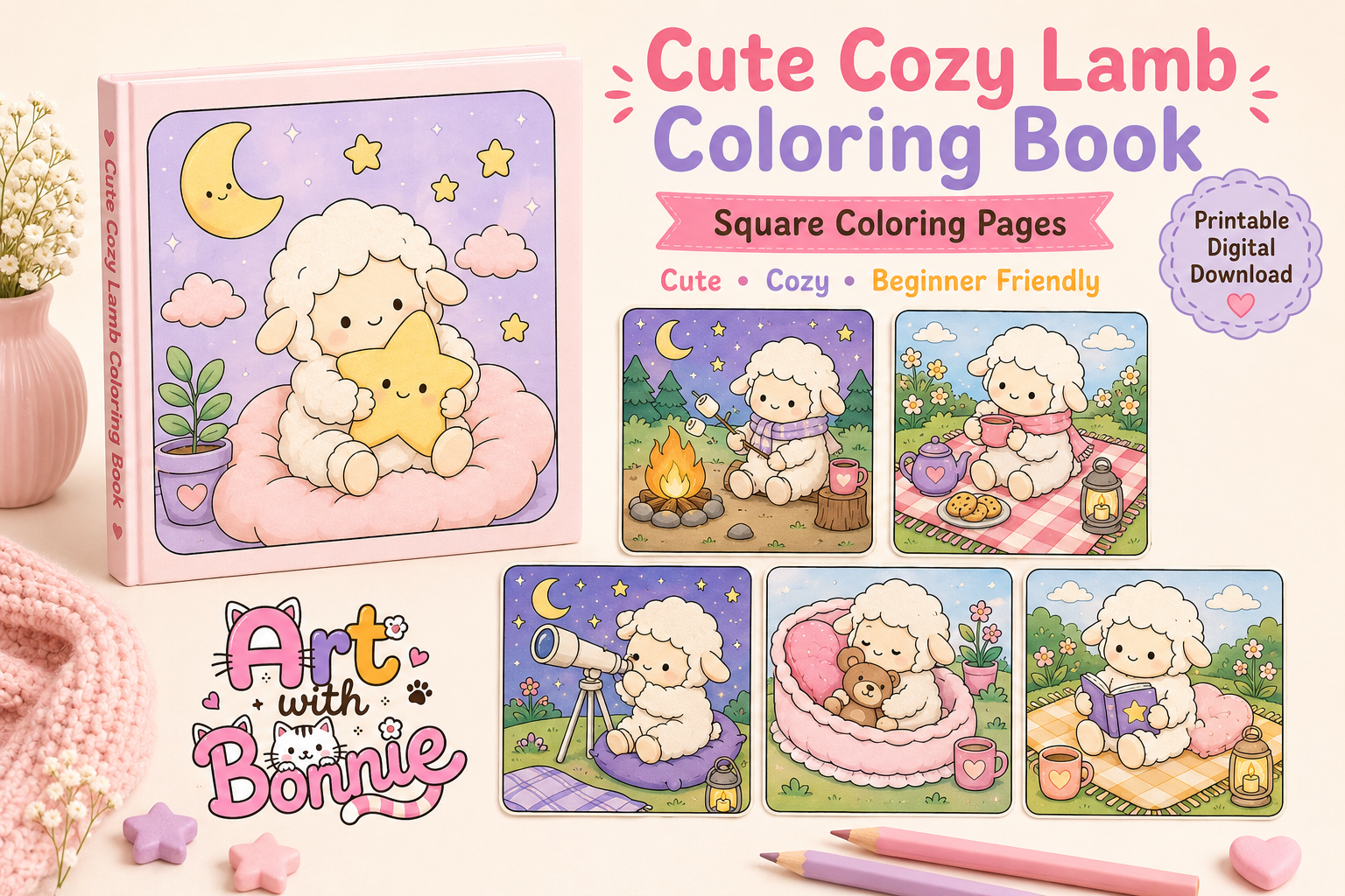 Cute Cozy Lamb Nighttime Coloring Pages