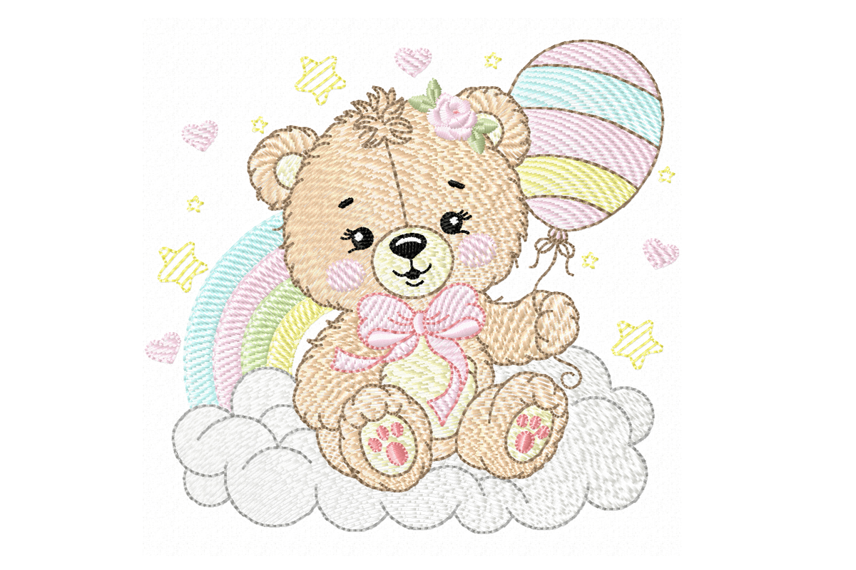 Cute Teddy Bear on Rainbow Embroidery