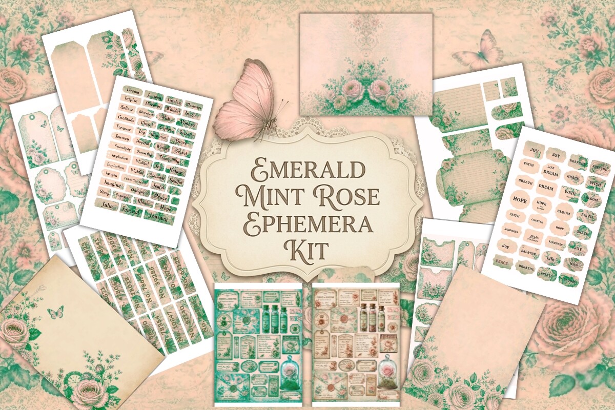 Emerald Mint Rose Ephemera Kit