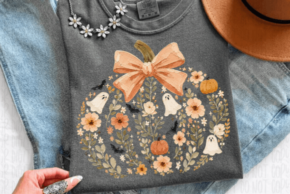 Floral Pumpkin Ghost with Coquette PNG