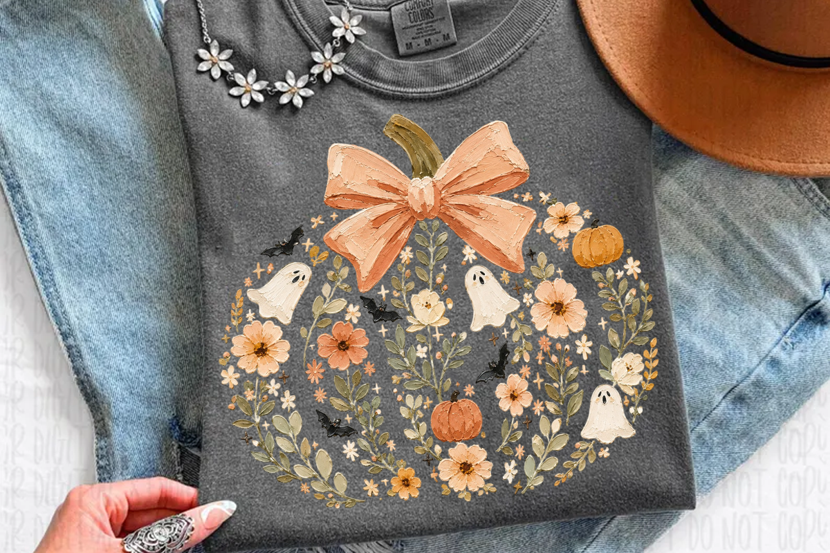 Floral Pumpkin Ghost with Coquette PNG