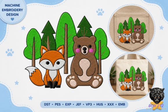 Fox and Bear Machine Embroidery Design
