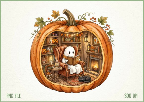 Ghost Reading Pumpkin Book PNG