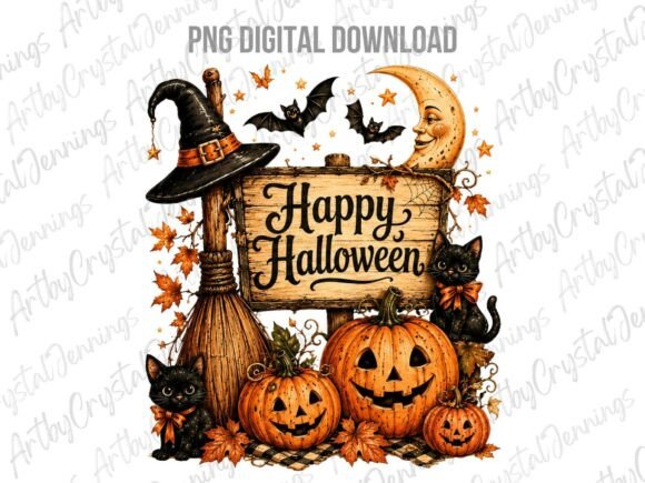 Vintage Halloween Witch Pumpkin Cat PNG