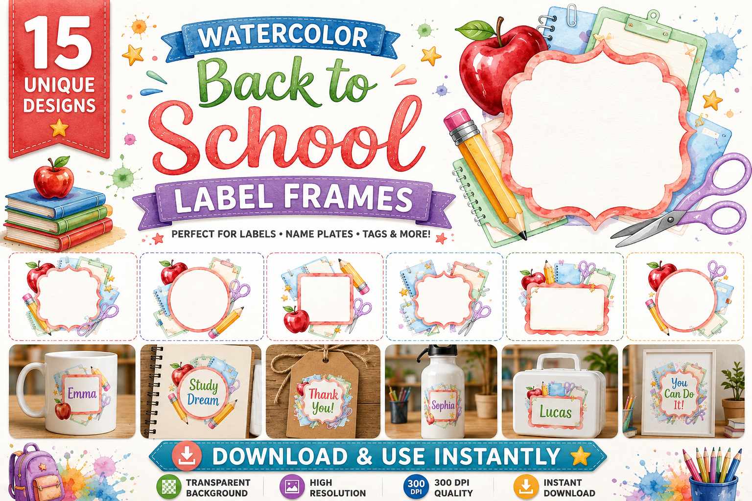 Watercolor Back to School Label Frames