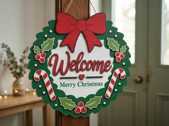 Welcome Christmas Wreath Door Sign File laser cut file