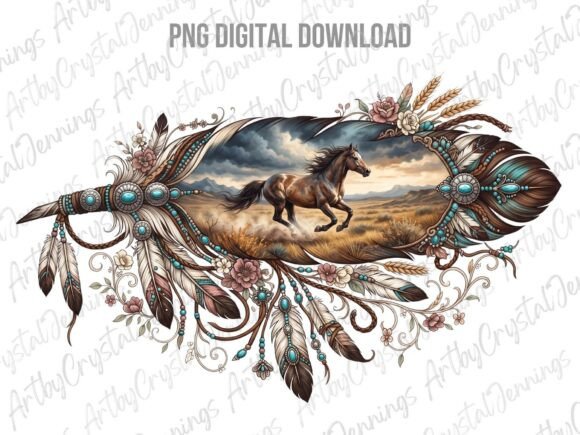 Western Boho Floral Horse Feather PNG