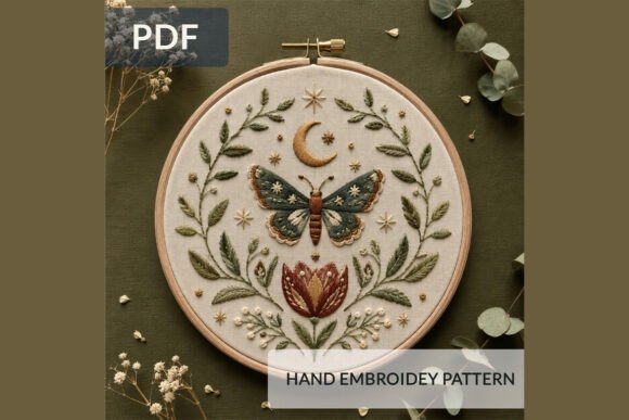 Celestial Moth Hand Embroidery Pattern