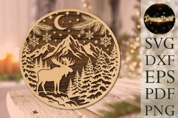 Christmas Moose Mountain SVG Lasersnijden Door Dream Print