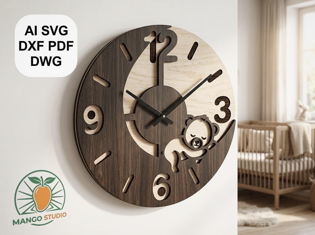 Cute Bear on the Moon Wall Clock SVG