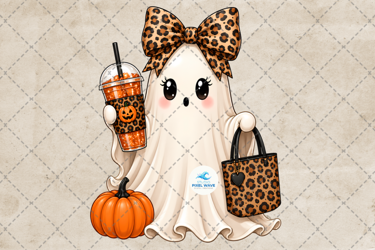 Cute Leopard Halloween Ghost Coffee Png