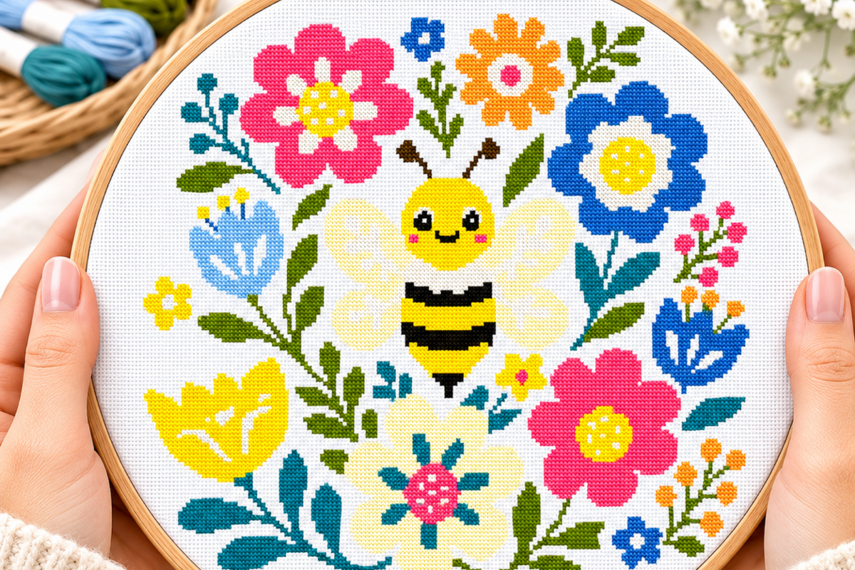 Flower Bee Cross Stitch Pattern PDF