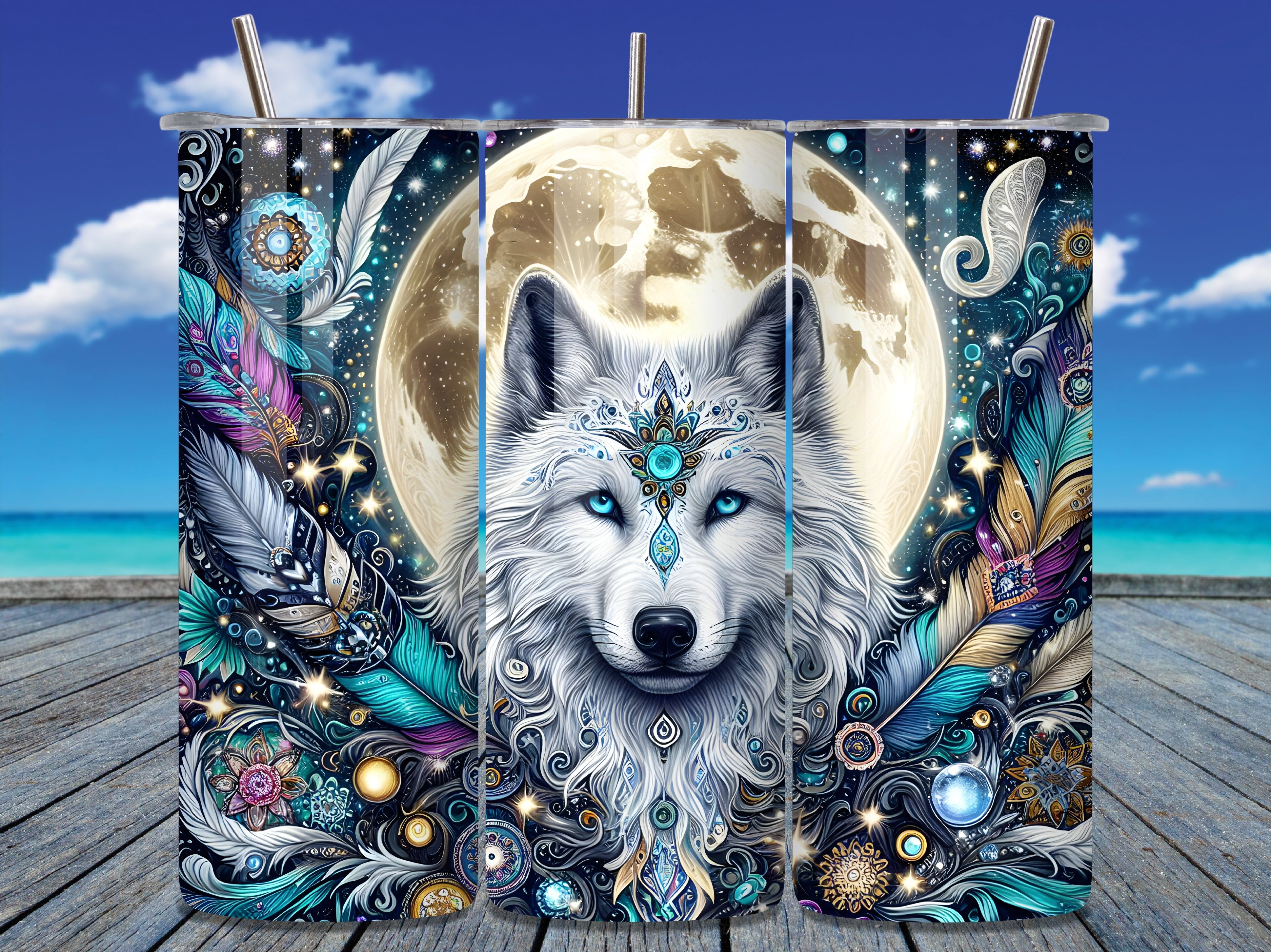 Mystic Tribal White Wolf Moon Tumbler Graphic by NORA STUDIO · Creative ...