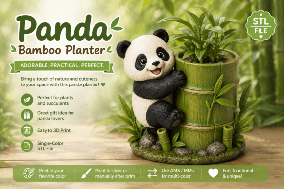 Panda Bamboo Planter 3D Printing STL File – Cute Succulent Plant Pot Decoration - Image 1