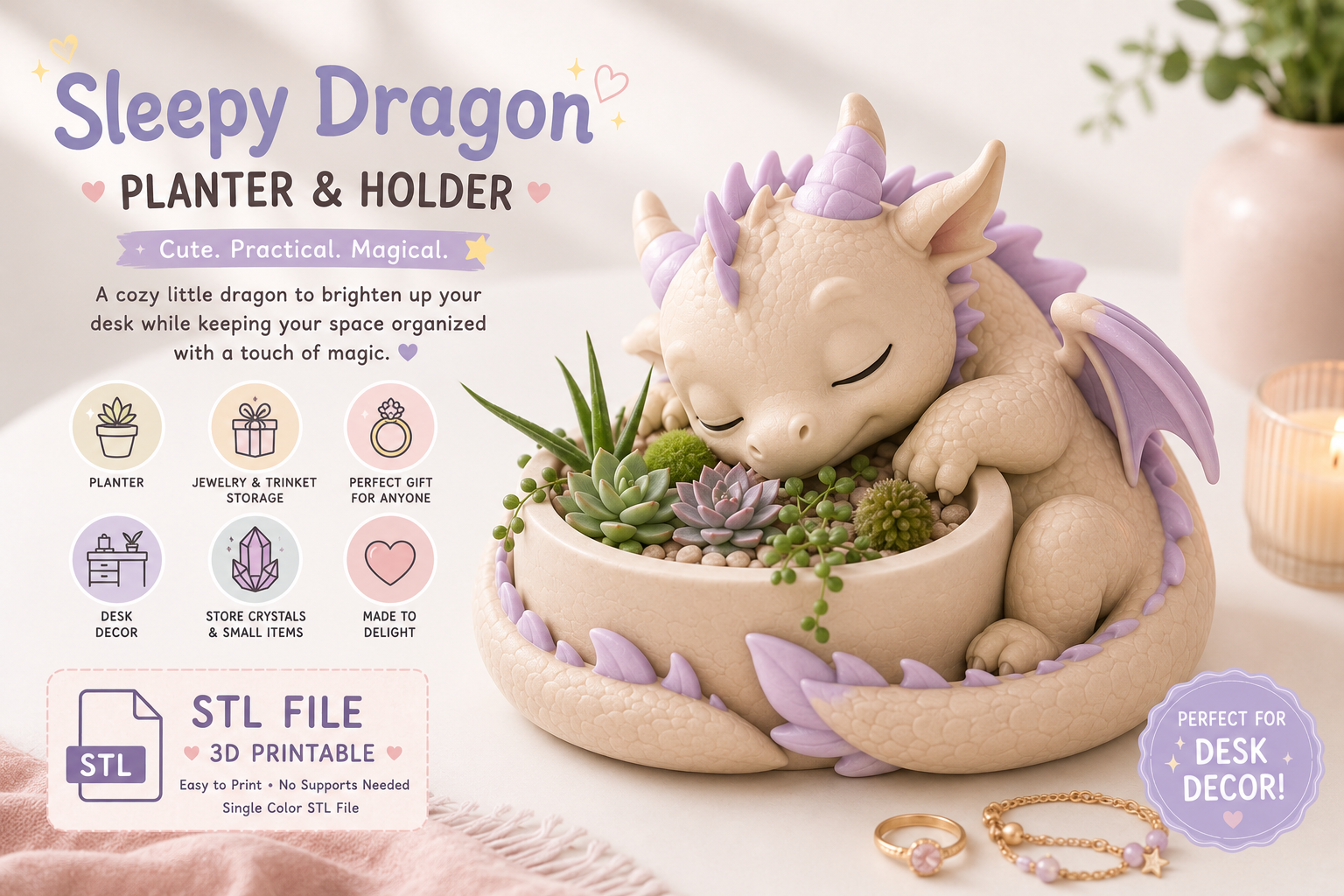 Sleeping Dragon Plant Pot Holder - Desk Decor & Jewelry Tray STL - Image 3