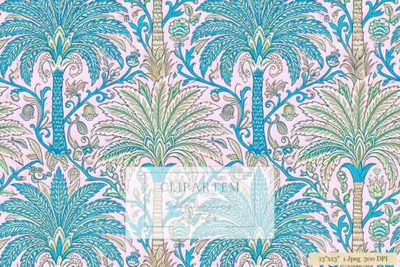 Tropical Palm Damask Green Blue Repeat